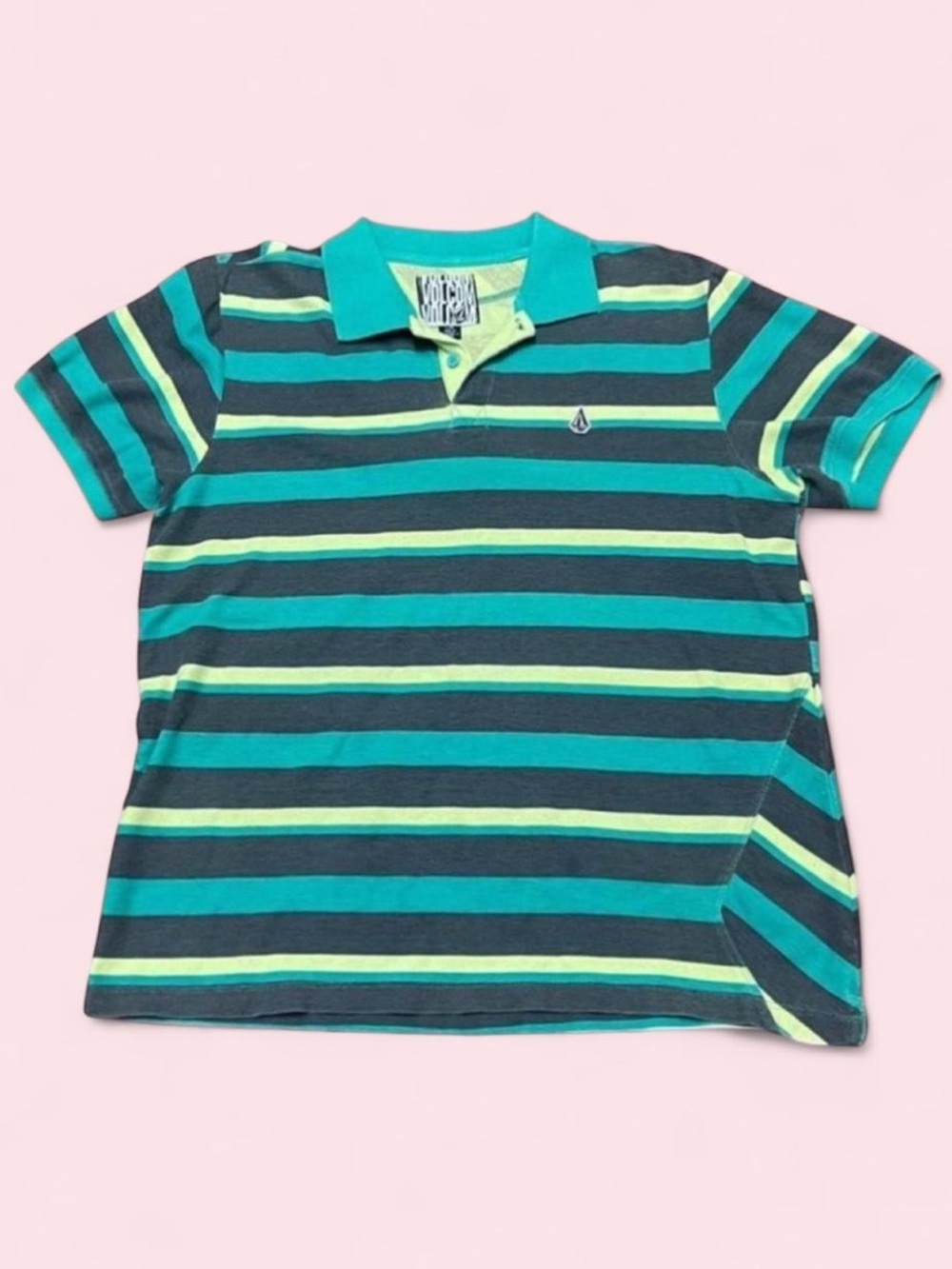 Y2K Volcom Patch Stripe Piqué Cotton Polo Skater Surfer Shirt Large Vintage